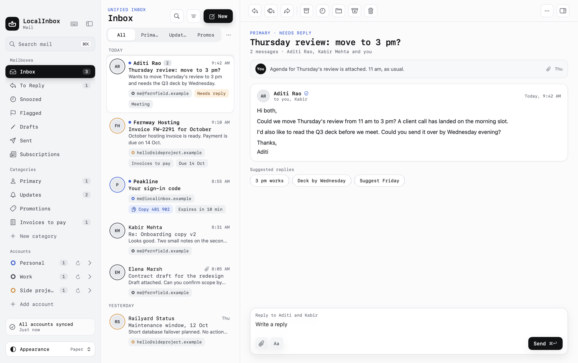LocalInbox's main window in the Paper theme: a unified inbox for two accounts, Aditi's message about Thursday's review with Needs reply and Meeting chips, a sign-in code with Copy, and suggested replies.